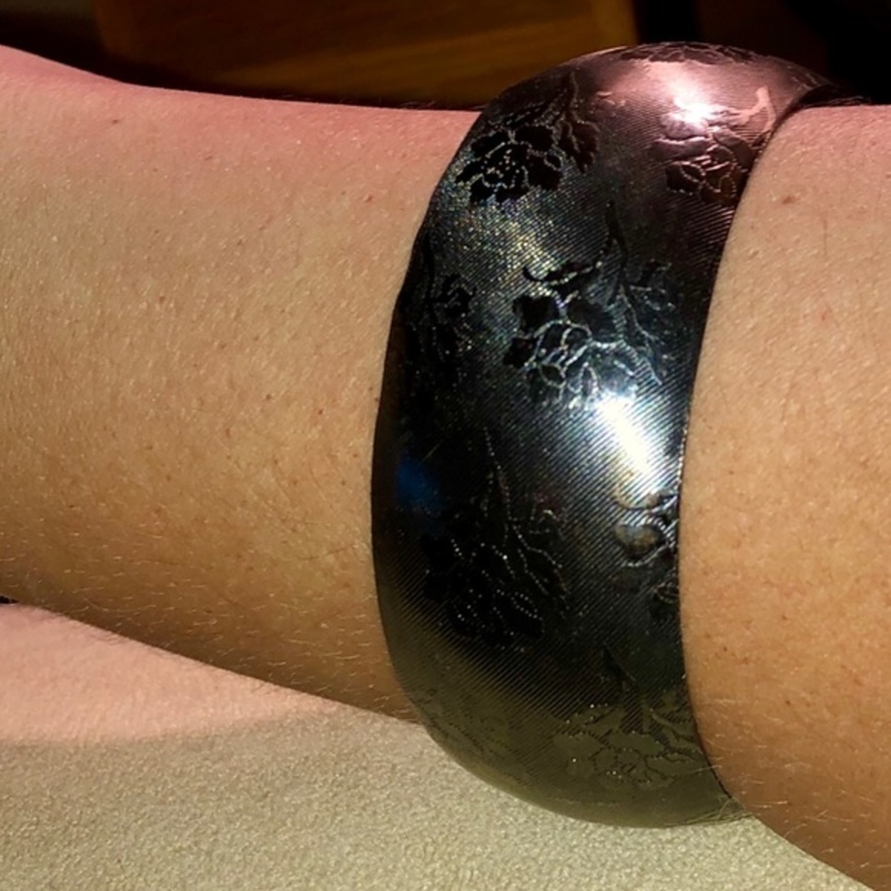 Vintage Etched Rose Floral Wide Metal Cuff Bracelet - Picture 9 of 14